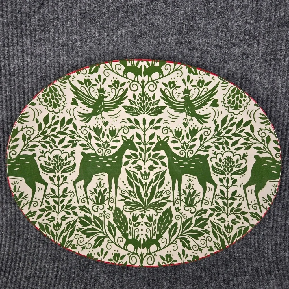 Viva by Vietri Mistletoe Oval Platter Green Deer Bird Folk Art VMIL-003024 15in